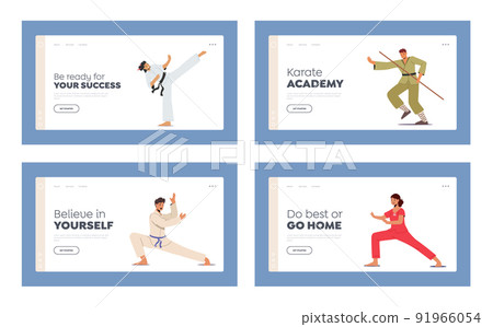 Martial Arts Landing Page Template Set. Male and Female Characters in Uniform Presenting Different Fighting, Karate Martial Arts Landing Page Template Set. Male and Female Characters in Uniform Presenting Different Fighting, Karate 91966054