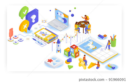 Kids playing trivia quiz, blocks, drawing pictures, learning alphabet. Preschool games, vector isometric illustration. 91966091