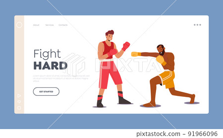 Boxing Sports on Ring Landing Page Template. Couple of Male Characters Sportsmen Boxers Punching and Exchange Blows 91966096