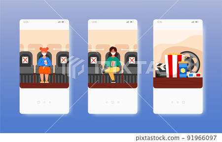 Social distance in cinema, theater. New normal. Mobile app screens, vector website banner template. UI, web site design. 91966097