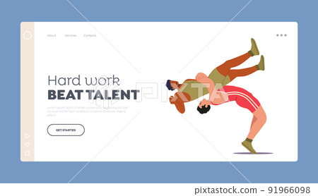 Fight Combat Landing Page Template. Sportsmen Characters Fighting. Couple of Men Wear Uniform Punch and Throw Each Other 91966098