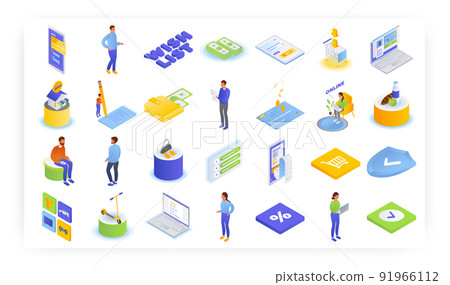 Online shopping, vector isometric icon set. People buying groceries, clothing, adding favorite things to wish list. Online shopping, vector isometric icon set. People buying groceries, clothing, adding favorite things to wish list. 91966112