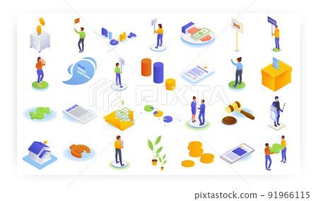 Anti corruption social protest, political meeting, vector isometric icon set. Right voice. Petition, election, vote. Anti corruption social protest, political meeting, vector isometric icon set. Right voice. Petition, election, vote. 91966115