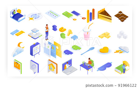 Health monitoring vector isometric icon set. Check sugar intake, read before bedtime, get doctor consultation. 91966122