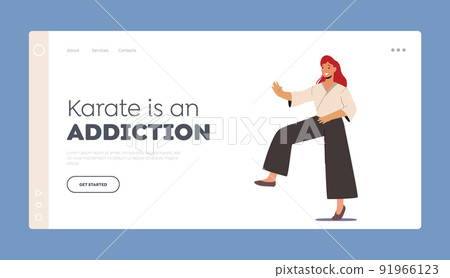 Karate Woman Fighter In Kimono. Landing Page Template. Karateka Female Character Stand with Raised Leg and Arm 91966123