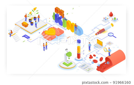 People growing hearts in pots, Be kind quote, blood structure test, flat vector isometric illustration. Charity, help. People growing hearts in pots, Be kind quote, blood structure test, flat vector isometric illustration. Charity, help. 91966160