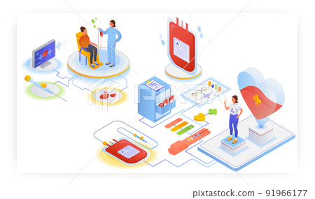 Blood transfusion, vector isometric illustration. Donor volunteer donating blood. Charity. 91966177
