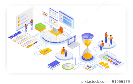 Effective work time management, vector isometric illustration. Task management, workflow, planning schedule, deadline. Effective work time management, vector isometric illustration. Task management, workflow, planning schedule, deadline. 91966179