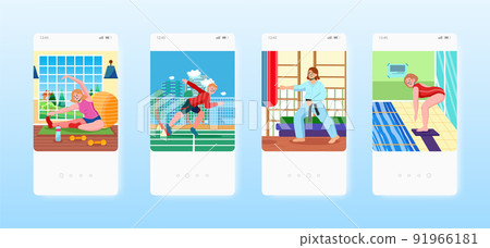 Fitness athletics boxing, platform diving. Sport mobile app screens, vector website banner template. UI, web site design 91966181