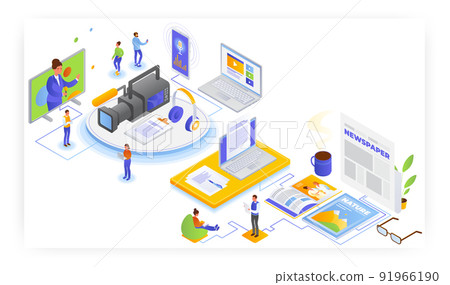 Broadcast and print journalism, vector isometric illustration. Radio television broadcasting. Press media. Polygraphy. 91966190