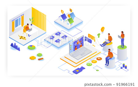 People working remotely from home, flat vector isometric illustration. Home office, freelance, webinar, video conference 91966191