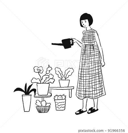 一個女人澆花的線描 一個女人澆花的線描 91966356