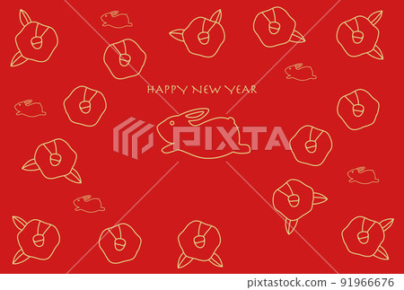 New Year's card of a rabbit running with a camellia flower (with a greeting card) New Year's card of a rabbit running with a camellia flower (with a greeting card) 91966676
