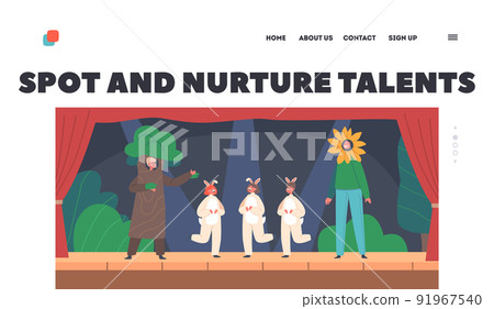 Performance on Theatrical Scene Landing Page Template. Children in Funny Costumes of Tree, Sunflower, Rabbits, Artists 91967540