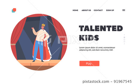 Talented Kids Landing Page Template. Little Boy Artist Playing Role of King or Theater Stage with Red Curtains 91967545