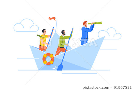 Businessmen Team Floating on Paper Ship Rowing with Paddles and Looking into Spyglass. Characters Sailing on Boat 91967551