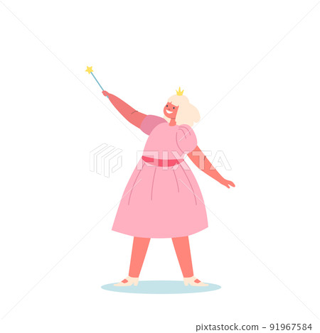Girl in in Funny Theatrical Costume of Fairy or Princess with Wand. Child Character Wear Pink Dress Isolated 91967584