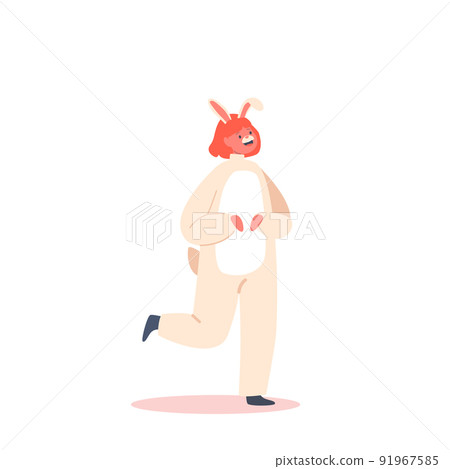 Child in Funny Theatrical Costume of Rabbit, Little Girl Artist Character in Suit of Bunny Isolated on White Background 91967585