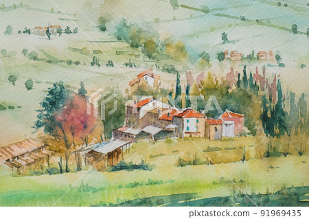 A small village in southern France, watercolor painting, landscape painting 91969435