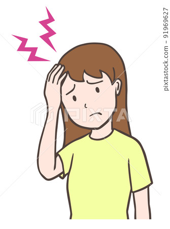 頭痛、偏頭痛、一隻手放在頭上的女性 頭痛、偏頭痛、一隻手放在頭上的女性 91969627