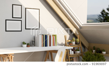 Modern contemporary workspace in home attic room interior design with working table Modern contemporary workspace in home attic room interior design with working table 91969897