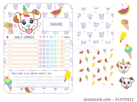 Daily Chores checklist planner template. Unicorn puppy rainbow colors habit tracker for kids Daily Chores checklist planner template. Unicorn puppy rainbow colors habit tracker for kids 91970432