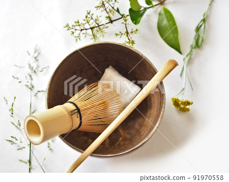 白色背景茶具植物 91970558