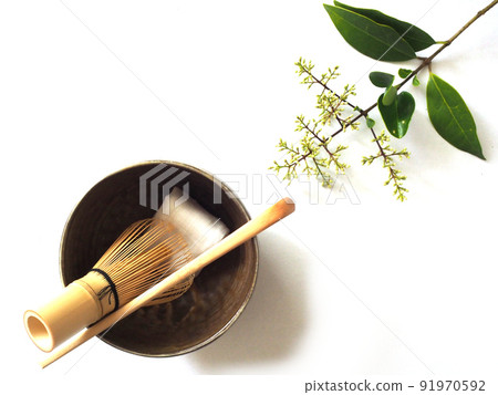 White background tea utensils plants 91970592