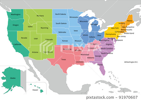Map of the United States, color-coded nine districts, English state names 91970607