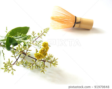 White background tea utensils plants 91970648