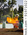 Firefighter with fire and suit for protect fire fighter for training firefighters. 91971022