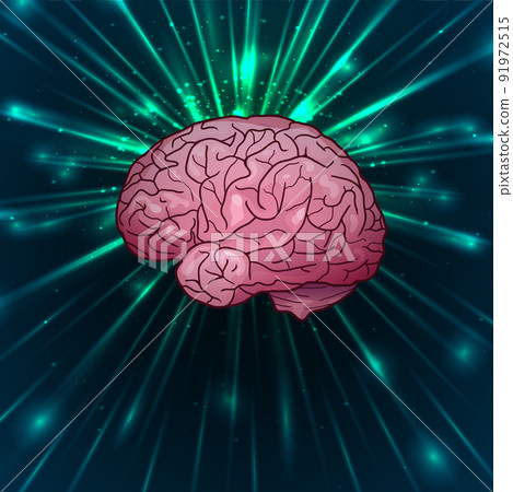 Vector illustration of a human brain side view in bright rays with sparkles. Concept art inspiration and ideas. Vector illustration of a human brain side view in bright rays with sparkles. Concept art inspiration and ideas. 91972515