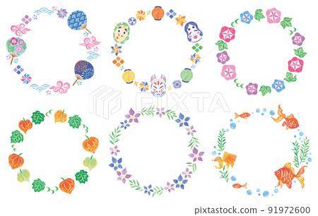 夏季節日日式插圖圓形框架集 91972600