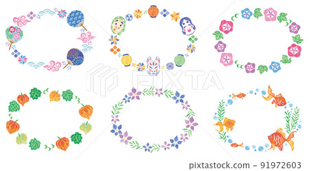 夏季節日日式插圖圓形框架側面設置 91972603