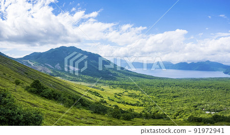 Lake Shikotsu seen from Mt. Tarumae (aerial view) 91972941