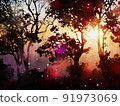 Abstract digital painting of forest at sunset time, warm tone image 91973069