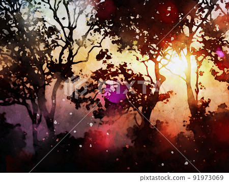 Abstract digital painting of forest at sunset time, warm tone image Abstract digital painting of forest at sunset time, warm tone image 91973069