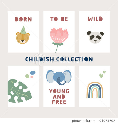 Cartoon cute animals baby card collection with text 91973702