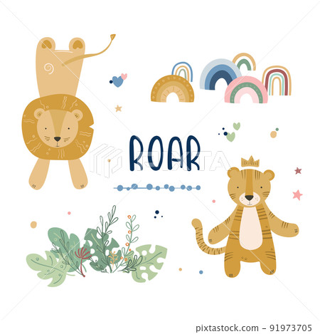 Cartoon cute animals baby card with lion and tiger 91973705