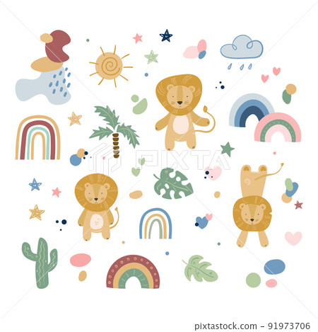 Cartoon cute animals baby set with rainbow 91973706