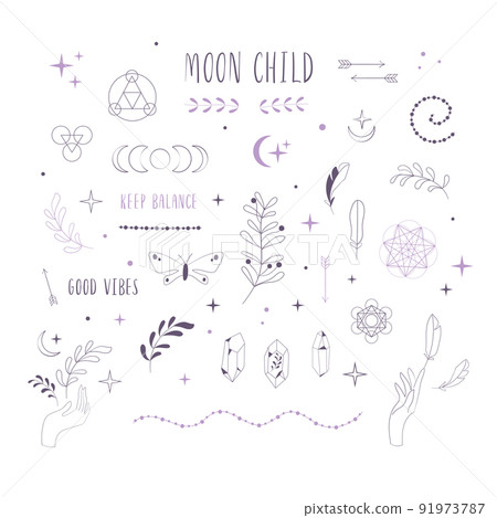 Boho Witch and Magic Collection with hand, crystal and symbols 91973787