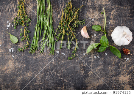 Rosemary, thyme and basil. Fresh garden herbs Rosemary, thyme and basil. Fresh garden herbs 91974135