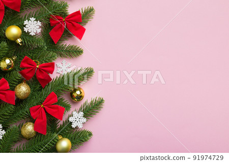 Christmas background with fir branches and Christmas decor. Top view, copy space for text Christmas background with fir branches and Christmas decor. Top view, copy space for text 91974729