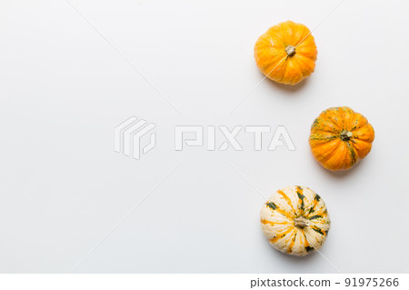 Autumn composition of little orange pumpkins on colored table background. Fall, Halloween and Thanksgiving concept. Autumn flat lay photography. Top view vith copy space 91975266