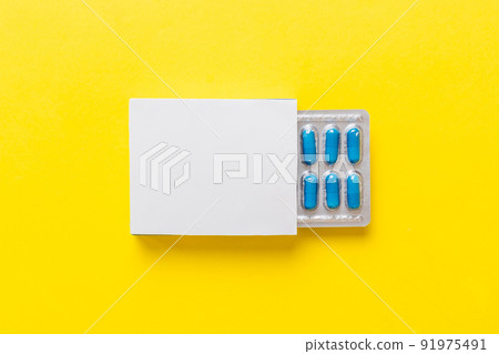 Blank White Product Package Box Mock-up. Open blank medicine drug box with blue pills blister top view 91975491