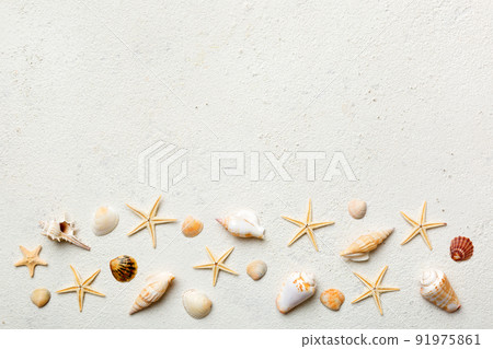Summer time concept Flat lay composition with beautiful starfish and sea shells on colored table, top view with copy space for text 91975861
