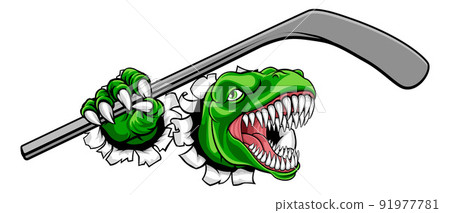 Dinosaur Ice Hockey Player Animal Sports Mascot 91977781