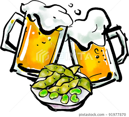Handwritten illustration of "edamame and beer" (brush-wash painting style) 91977870