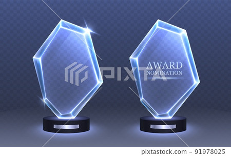 Glass trophy, award nomination winner. Realistic crystal award with silver plate. Glass trophy, award nomination winner. Realistic crystal award with silver plate. 91978025