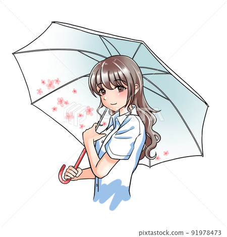 [Natural hair color] A girl with curly hair in charge of red holding a floral umbrella 91978473